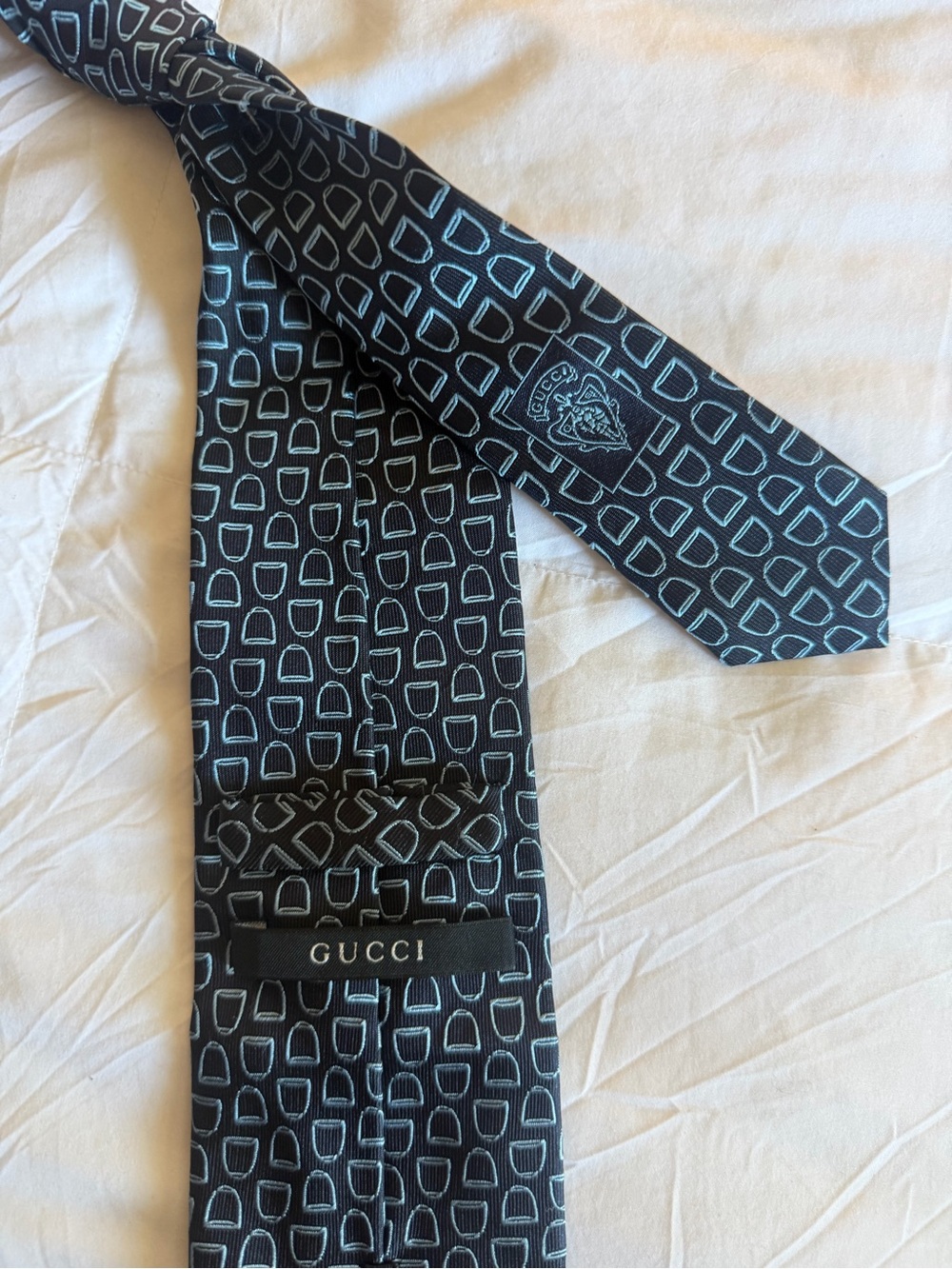Gucci Black Silk Tie with Blue Geometric Motif